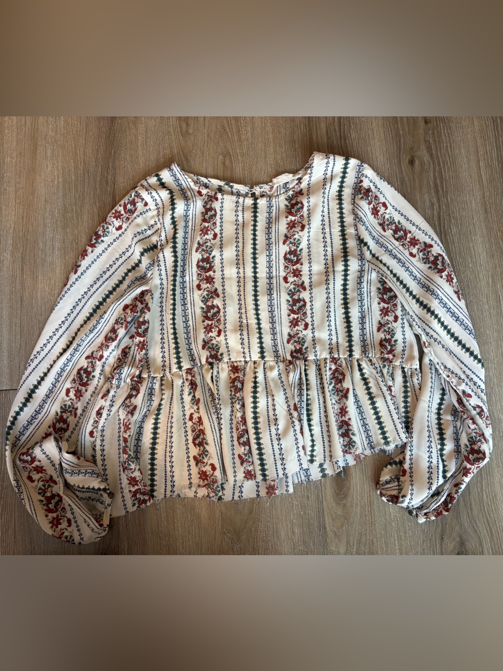 Altar'd State Slightly Cropped Cream Tunic with Rust Floral & Navy Stripes